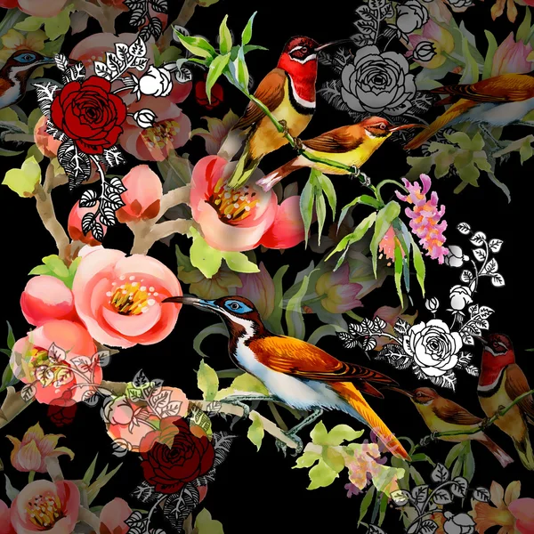 Seamless pattern with birds and flowers