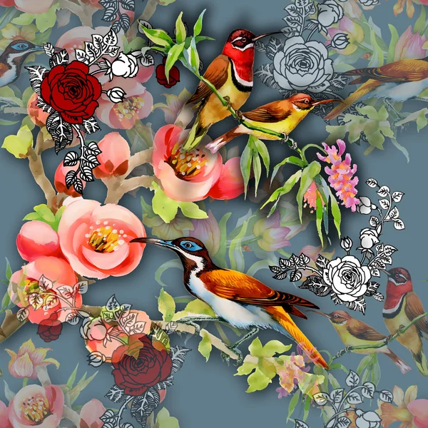 Απρόσκοπτη μοτίβο με πουλιά και λουλούδια — Φωτογραφία Αρχείου