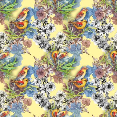 Desen yabani egzotik kuşlar ve çiçekler