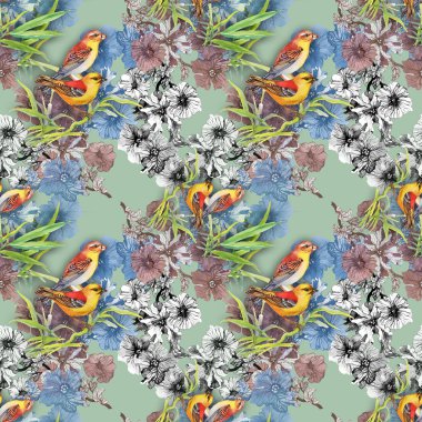 Desen yabani egzotik kuşlar ve çiçekler