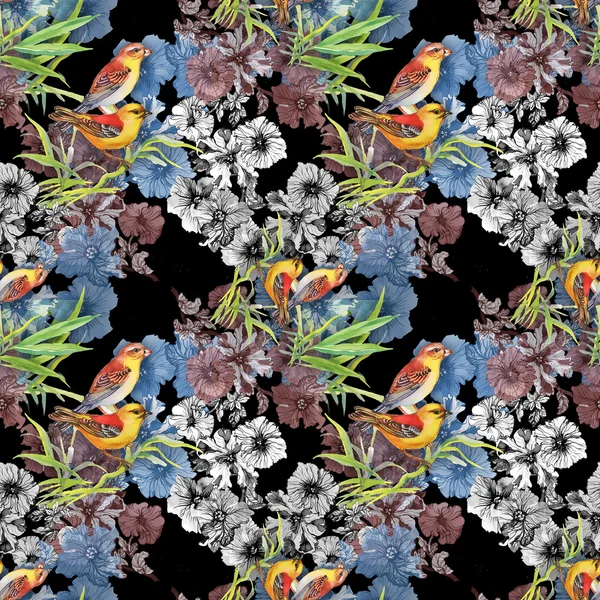 Μοτίβο με άγρια εξωτικά πουλιά και λουλούδια — Φωτογραφία Αρχείου