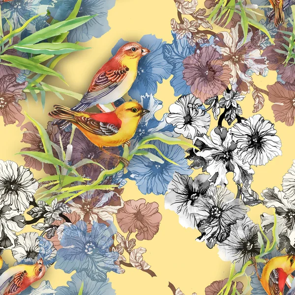 Vadon élő egzotikus madár és virág mintával — Stock Fotó