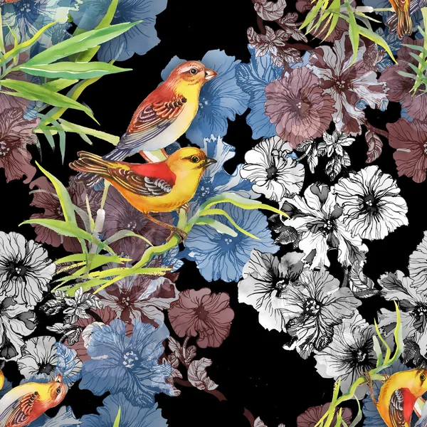 Wzór z dzikich ptaków egzotycznych i kwiaty — Zdjęcie stockowe