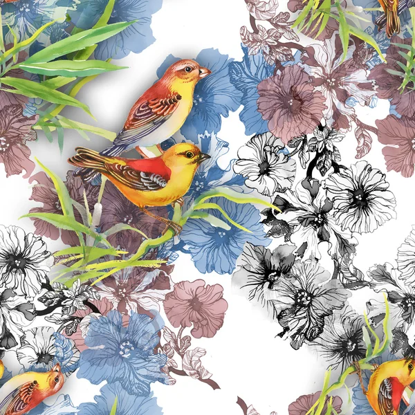 Modèle avec des oiseaux exotiques sauvages et des fleurs — Photo