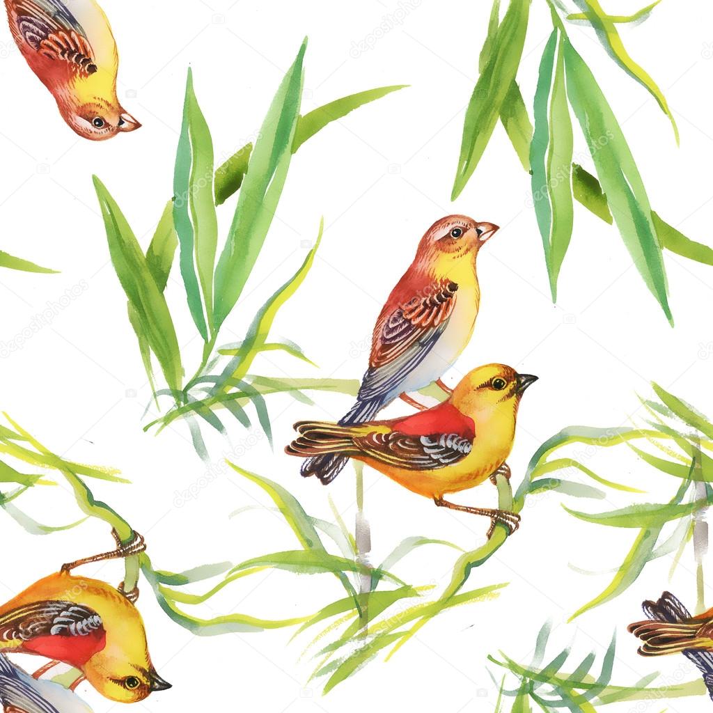Pattern with wild exotic birds on the branch