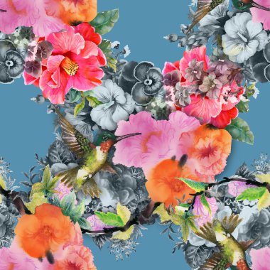 Egzotik kuşlar ve çiçekler