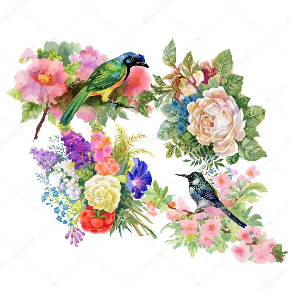 Exotic birds with flowers