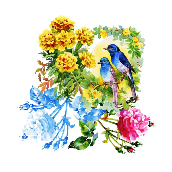 Exotic birds with flowers — Stock Photo, Image