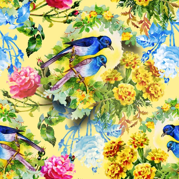 Exotiska fåglar med blommor — Stockfoto