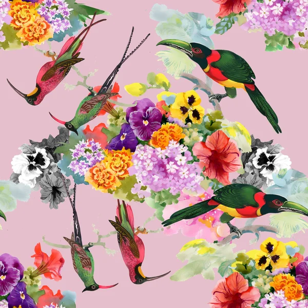Exotische Vögel mit Blumen — Stockfoto