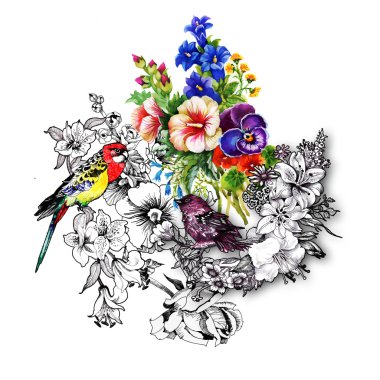 Egzotik kuşlar çiçekler