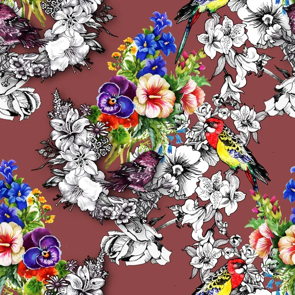 Exotic birds with flowers