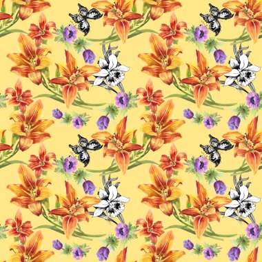 Kelebekler ile renkli çiçek desenli