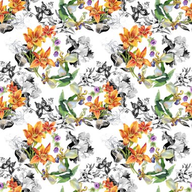 Kelebekler ile renkli çiçek desenli