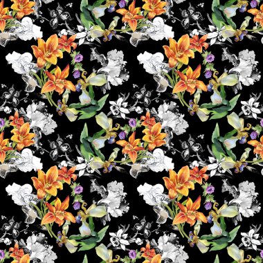 Kelebekler ile renkli çiçek desenli