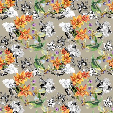 Kelebekler ile renkli çiçek desenli