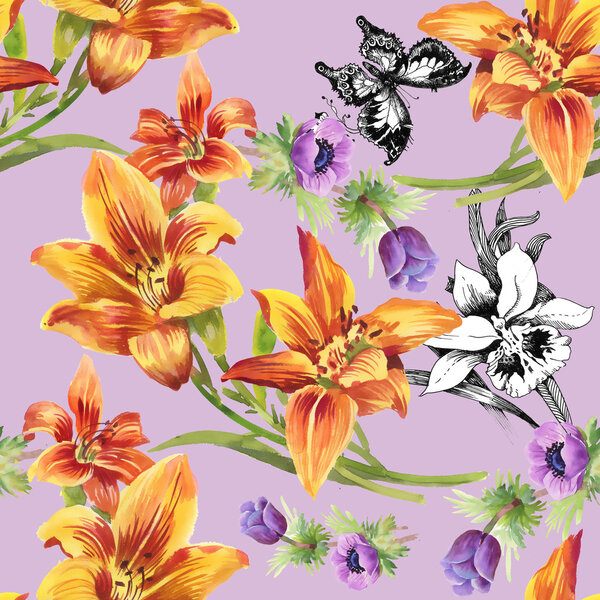 Colorful floral pattern with butterfly