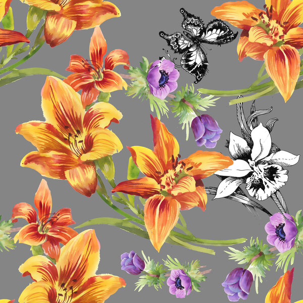 Colorful floral pattern with butterflies