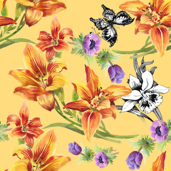 Colorful floral pattern with butterflies