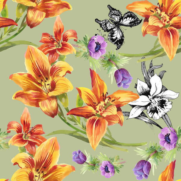 Colorful floral pattern with butterflies