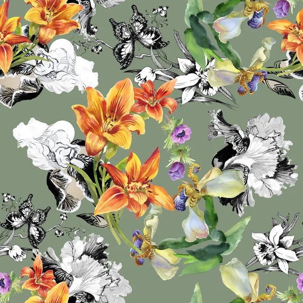 Kleurrijke bloemmotief met vlinders — Stockfoto