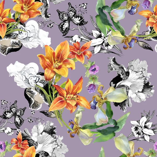 Buntes Blumenmuster mit Schmetterlingen — Stockfoto