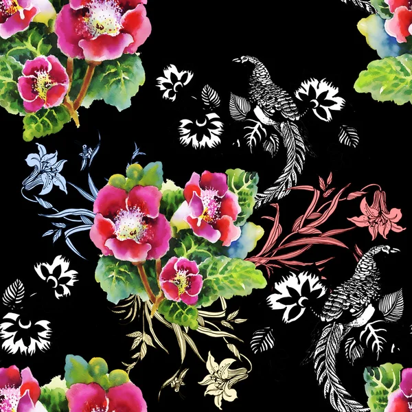 Φασιανοί με μοτίβο πολύχρωμα λουλούδια — Φωτογραφία Αρχείου