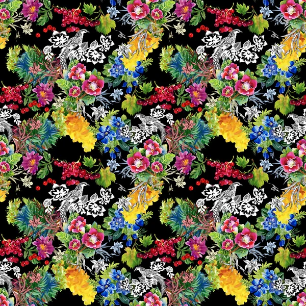 Fasane mit Blüten buntes Muster — Stockfoto