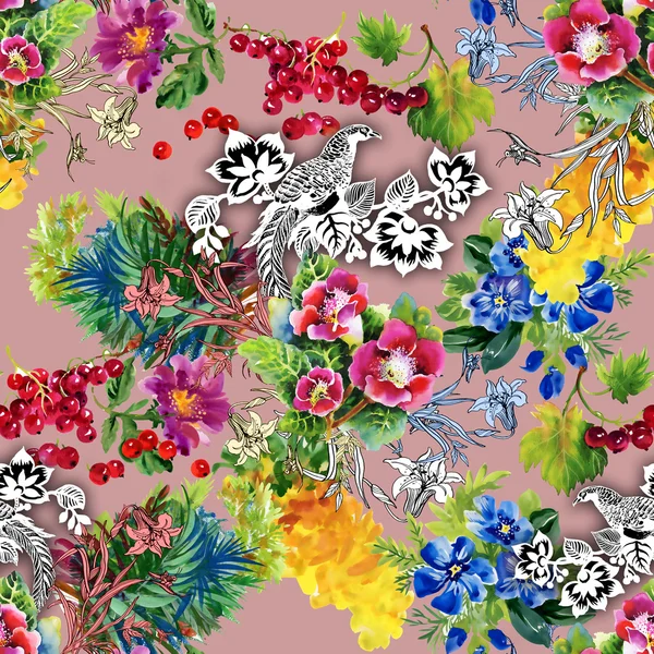 Faisanes con flores patrón de colores —  Fotos de Stock