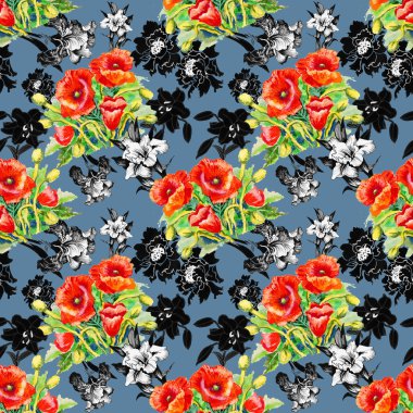 Haşhaş ve Iris çiçek deseni