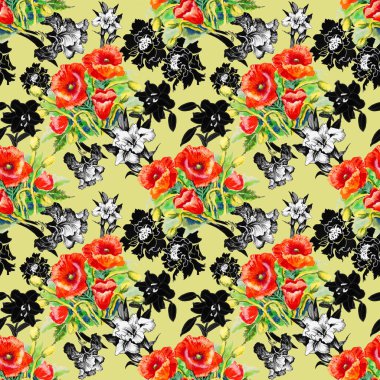 Haşhaş ve Iris çiçek deseni