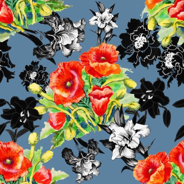 Haşhaş ve Iris çiçek deseni