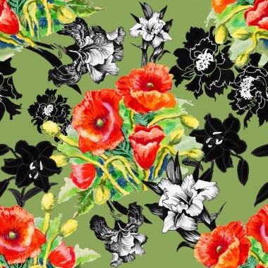 Haşhaş ve Iris çiçek deseni