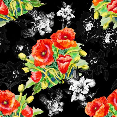 Haşhaş ve Iris çiçek deseni