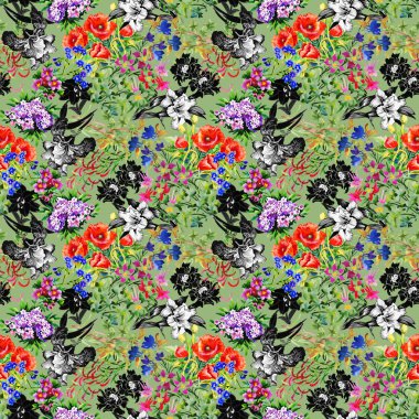 Haşhaş ve Iris çiçek deseni