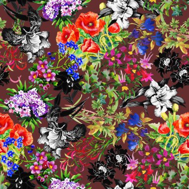 Haşhaş ve Iris çiçek deseni