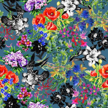 Haşhaş ve Iris çiçek deseni