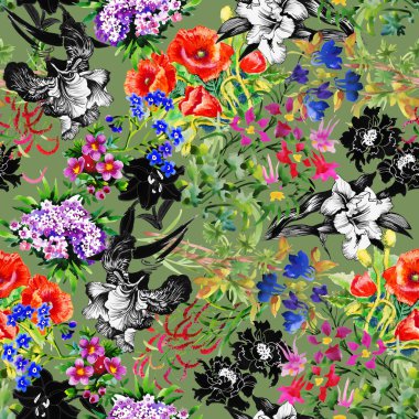 Haşhaş ve Iris çiçek deseni