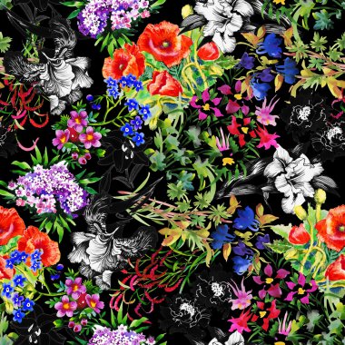 Haşhaş ve Iris çiçek deseni