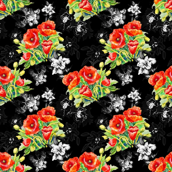 Poppy and iris flowers pattern — Stock Photo, Image