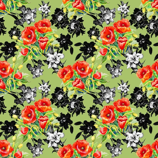 Poppy e padrão de flores da íris — Fotografia de Stock