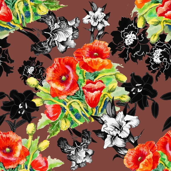 Wzór kwiaty maku i irys — Zdjęcie stockowe