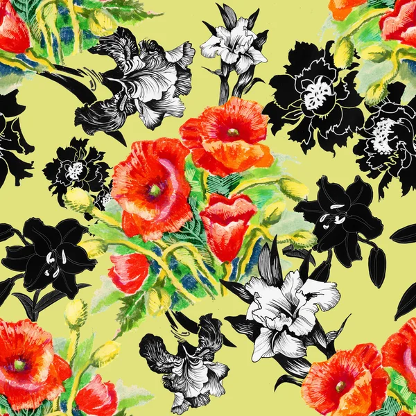 Mohn und Iris Blumen Muster — Stockfoto