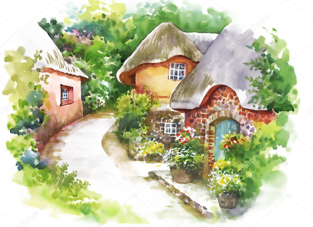 Watercolor village in summer