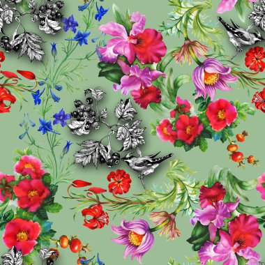 Kuşları çiçekler renkli desenli