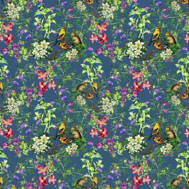 Çiçek açan ağaç üzerinde ile tropikal kuşlar