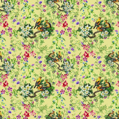 Çiçek açan ağaç üzerinde ile tropikal kuşlar