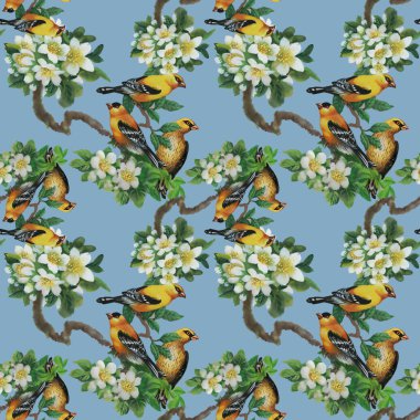 Çiçek açan ağaç üzerinde ile tropikal kuşlar