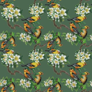 Çiçek açan ağaç üzerinde ile tropikal kuşlar