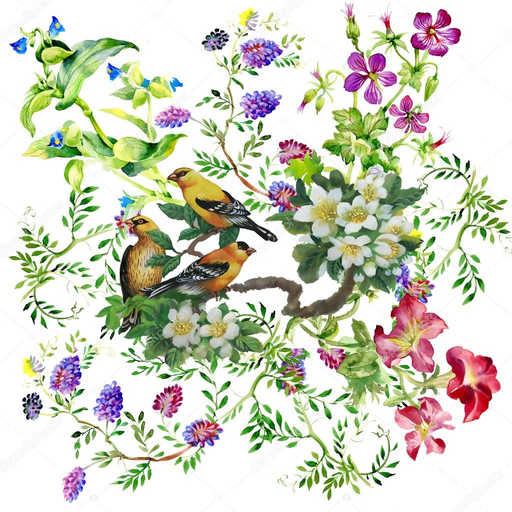 Tropical birds with on blooming tree